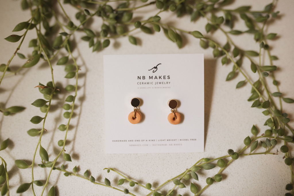 Donut Stud Earrings in Yellow Gold with Orange Unglazed Ceramic Donut by NB Makes – Nickel-Free.