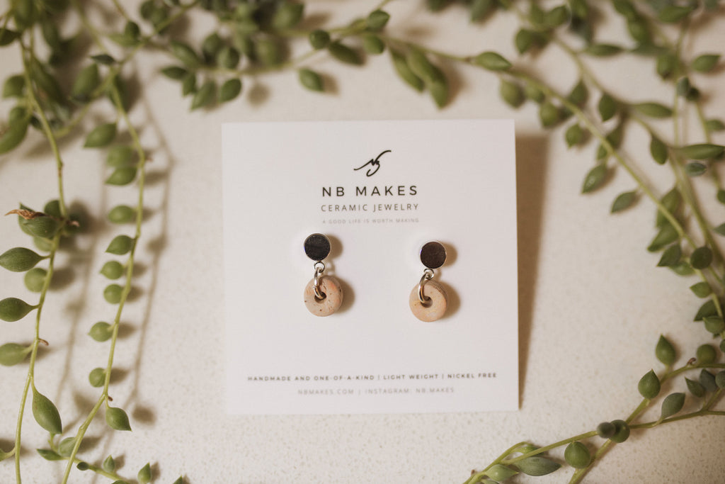 Donut Stud Earrings in White Gold with Unglazed Ceramic Donut by NB Makes – Nickel-Free