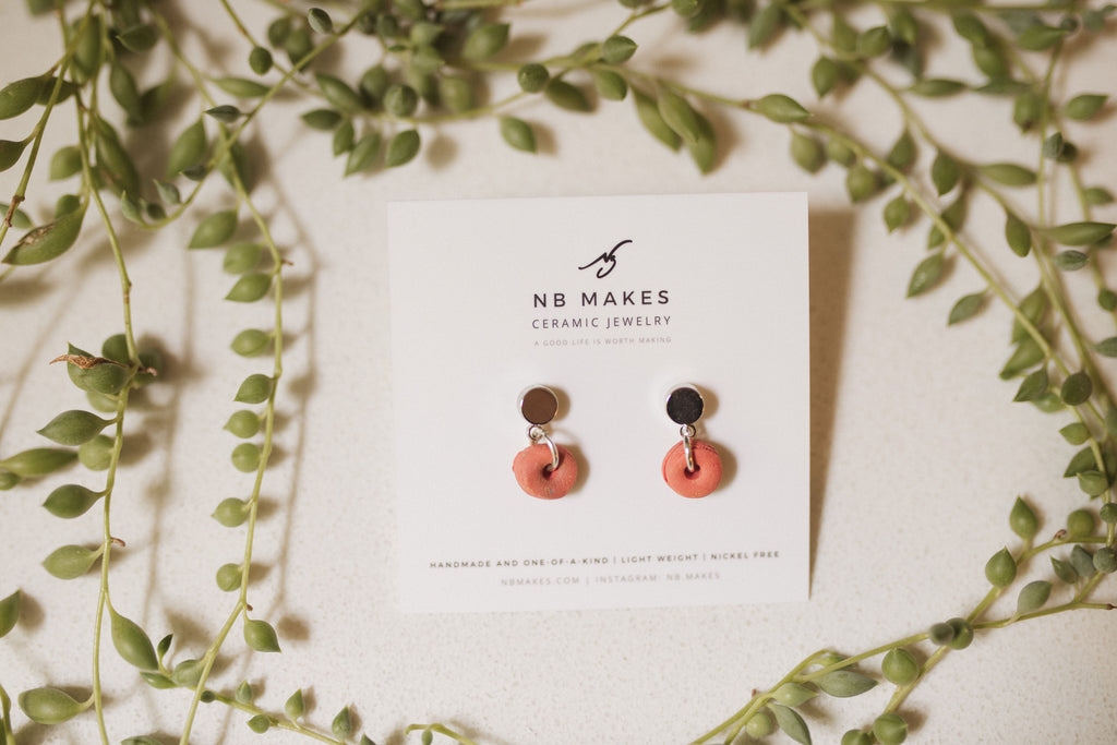 Donut Stud Earrings in White Gold with Unglazed Ceramic Donut by NB Makes – Nickel-Free