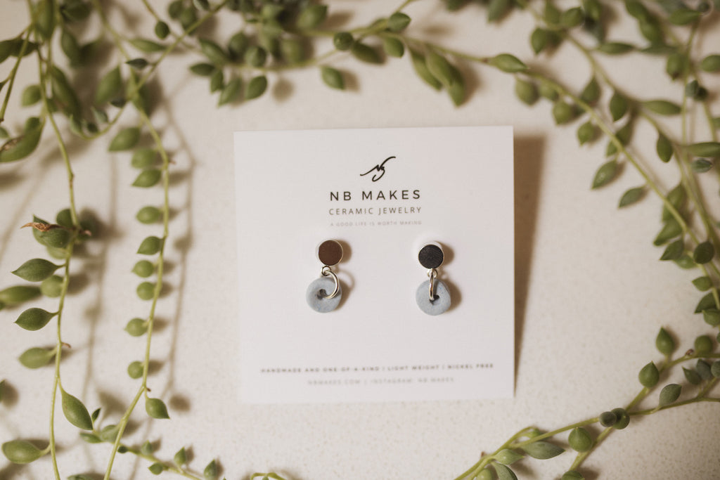 Donut Stud Earrings in White Gold with Light Demin Unglazed Ceramic Donut by NB Makes – Nickel-Free