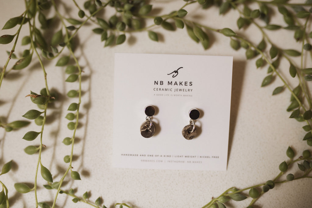 Donut Stud Earrings in White Gold with Black Swirl Unglazed Ceramic Donut by NB Makes – Nickel-Free