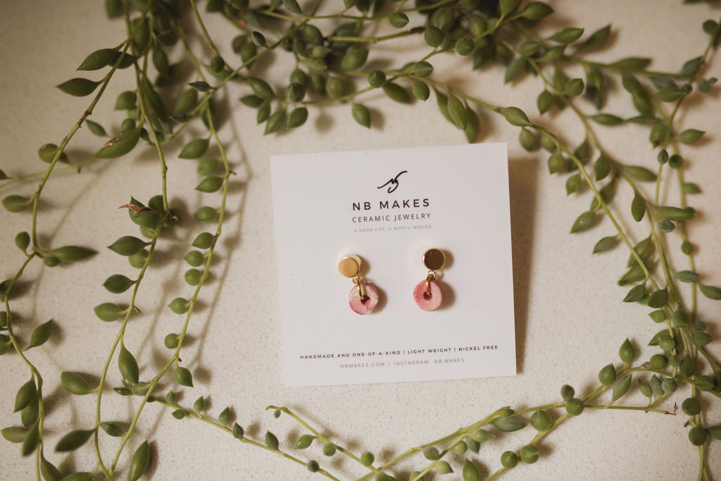 Donut Stud Earrings in Yellow Gold with Rose Swirl Unglazed Ceramic Donut by NB Makes – Nickel-Free