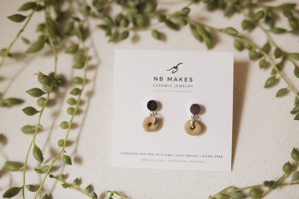 Donut Stud Earrings in White Gold with Unglazed Ceramic Donut by NB Makes – Nickel-Free