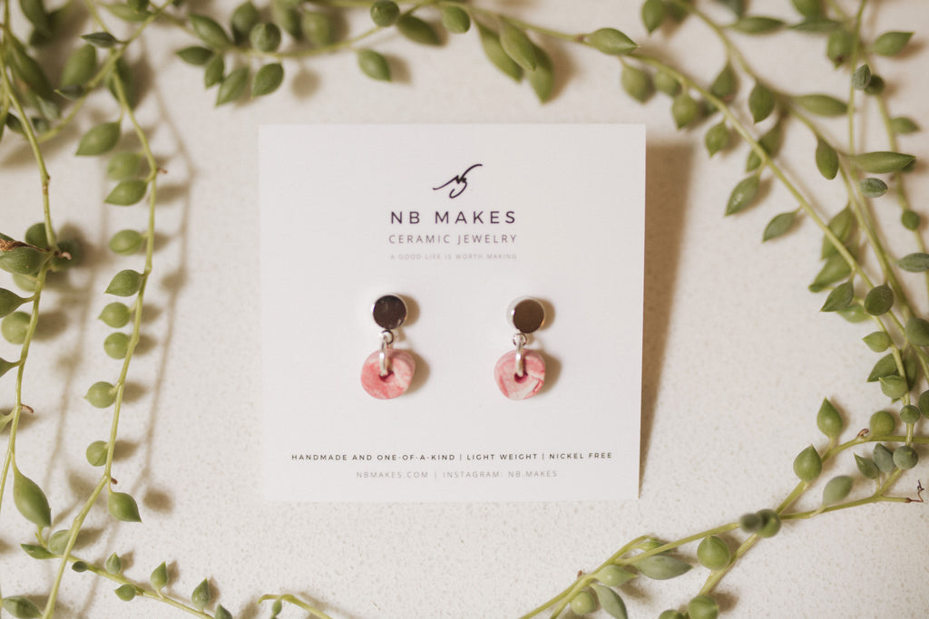 Donut Stud Earrings in White Gold with Rose Swirl Unglazed Ceramic Donut by NB Makes – Nickel-Free